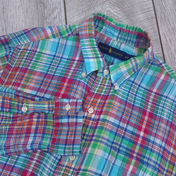 Polo Ralph Lauren Shirt Mens Medium Blue Linen Long Sleeve Button Up Plaid Top - Picture 1 of 7